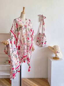 4pcs Women Scarf-Shawl-Hat-Bag Set, Elegant Floral Printed Beach Wrap Scarf+Versatile Scarf+Woven Sun Hat+Fashionable Canvas Tote Bag, Multi-Wear For Vacation Beach, Spring/Summer Travel Accessory Set - Multicolor - View 3