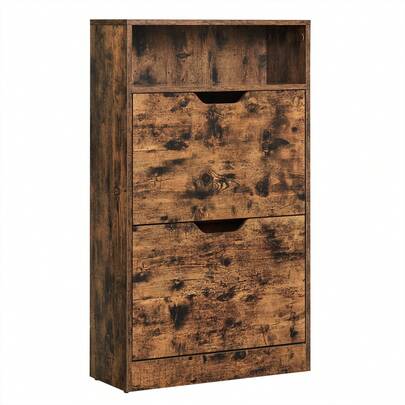 VASAGLE Shoe Cabinet 2 Flip Doors, 3 Tier Shoe Rack, With 1 Open Compartment, Adjustable And Removable Divider, For 8-12 Pairs Shoes, For Narrow Entrance, 24 X 60 X 102 Cm, Rustic Brown