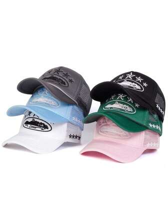 1 件女士五角星刺绣卡车司机帽，时尚网眼棒球帽，户外防晒，休闲春秋旅行，海滩度假