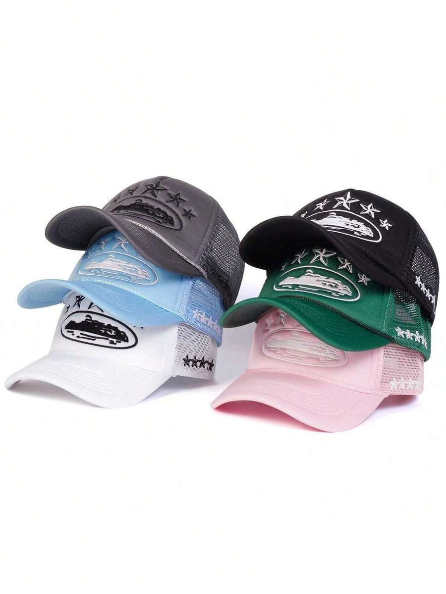 1pc Women's Five-Pointed Star Embroidered Trucker Hat, Fashion Baseball Cap With Mesh, Outdoor Sun Protection, Casual Spring Autumn Travel, Beach Holiday - Multicolor - View 1