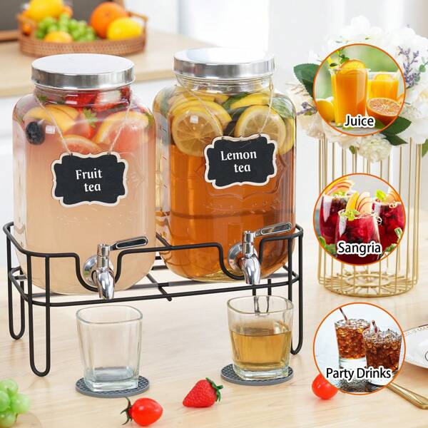 2pcs Glass Drinks Dispenser For Parties, 1/2 Gallon Beverage Dispenser With Stand – Juice & Iced Tea Pitcher, Water Jug For Lemonade, Party Essential Beverage Container