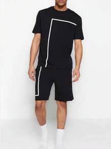 2 Pieces Men's Summer Black Crew Neck White Stripe Print Short Sleeve T-Shirt & Shorts Pajamas Set