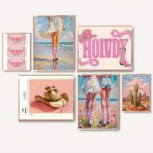 Set aus 1/6 Stücke Vintage Wandkunst Poster Ozean Strand Dünen Reise Urlaub Western Cowgirl Poster Moderne Badezimmer Studentenwohnheim Wohnzimmer Schlafzimmer Heim Dekoration Ungerahmt-Stil