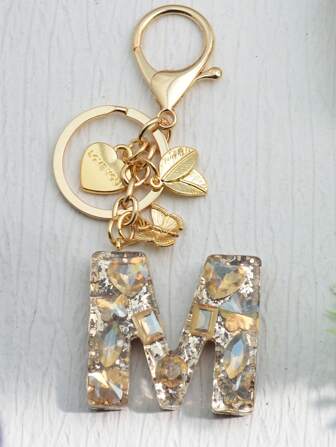 1 件香槟金色英文字母首字母钥匙扣，时尚简约女士钥匙扣，适合作为礼物送给朋友，吊坠配件汽车配件包饰学校可爱哥特 Y2k 包挂绳带身份证夹汽车配件包饰