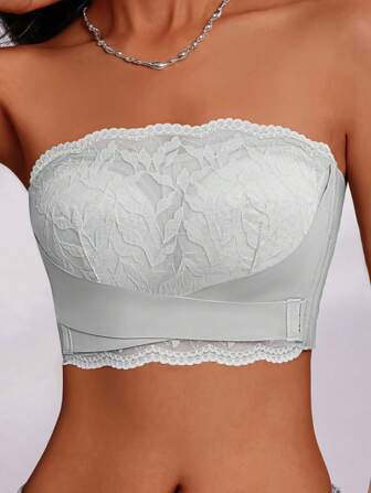 Front Closure Lace Bra, Comfortable Bandeau Bra, Supportive, Non-Slip, Push-Up, Breathable, Full Coverage Bra In Grey