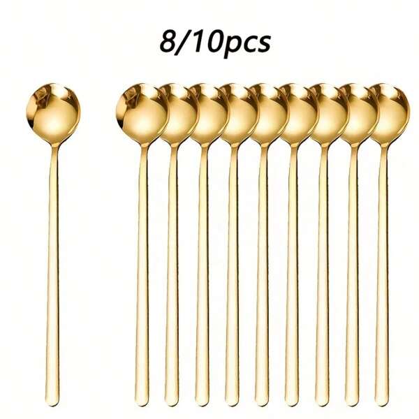 8/10pcs Stainless Steel Long Handle Mixing Spoons Set, Includes Gold Ice Tea Spoons, Cocktail Stirrers, Long Handle Spoons, Long Handle Ice Cream Spoons, Dessert Spoons - Dishwasher Safe, Mirror Polished, Ideal For Stirring Ice Cream, Coffee, Tea - Kitchen Utensils Accessories,School Supplies