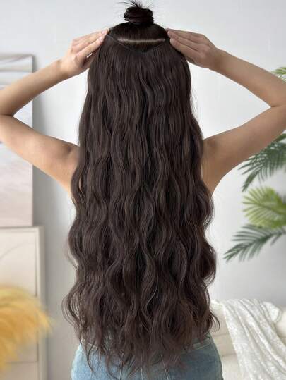Extensiones de cabello sintético con clip en forma de V de 26 pulgadas, color marrón, rizos ondulados naturales, adecuadas para uso diario de mujeres
