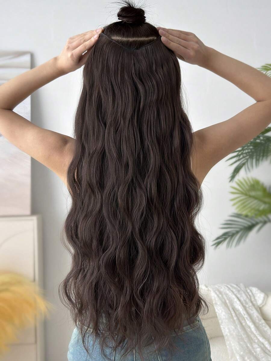 26 Inch V-Shaped Clip-In Synthetic Hair Extensions, Brown Color, Natural Wavy Curls, Suitable For Women's Daily Wear