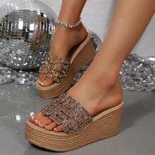 Damen Schlupfschuhe mit Schleifen-Dekor und dicker Sohle, bequeme Keilsandalen mit offenem Zehenbereich, für Freizeitaktivitäten Outdoor