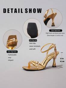 Women's Gold High Heel Sandals, Square Toe Buckle Closure, Casual Fashion Party Wedding Peep Toe Stilettos - Gold - View 3