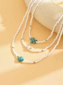 Set de 3 collares largos multicapa con cuentas y colgante de estrella de mar de vidrio, estilo bohemio, adecuado para que las mujeres los usen en vacaciones en la playa
