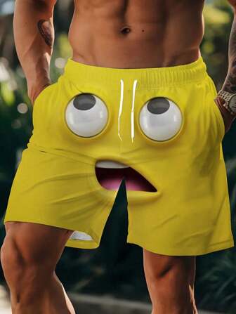 Plus Size Men's 3D Printed Quick Dry Swim Shorts - Casual, Adjustable Drawstring, Yellow Beach Shorts