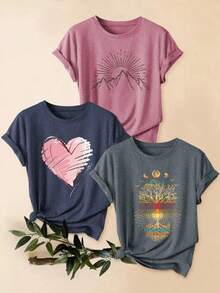 3pcs/Set Plus Size Retro Sunflower Print Women Casual Sports T-Shirts - Round Neck, Short Sleeve, Stretchy And Machine Washable - Multicolor - View 1