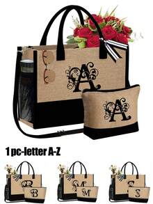 Black Khaki Patchwork Tote Bag Set, Black Vines Wrapped Around The Initial Letters A-Z, With The Same Series Of Color Block Makeup Storage Bag, Toiletry Bag, Wallet, Personalized Gift Bag, Fashionable Personalized Tote Bag - Khaki - View 1