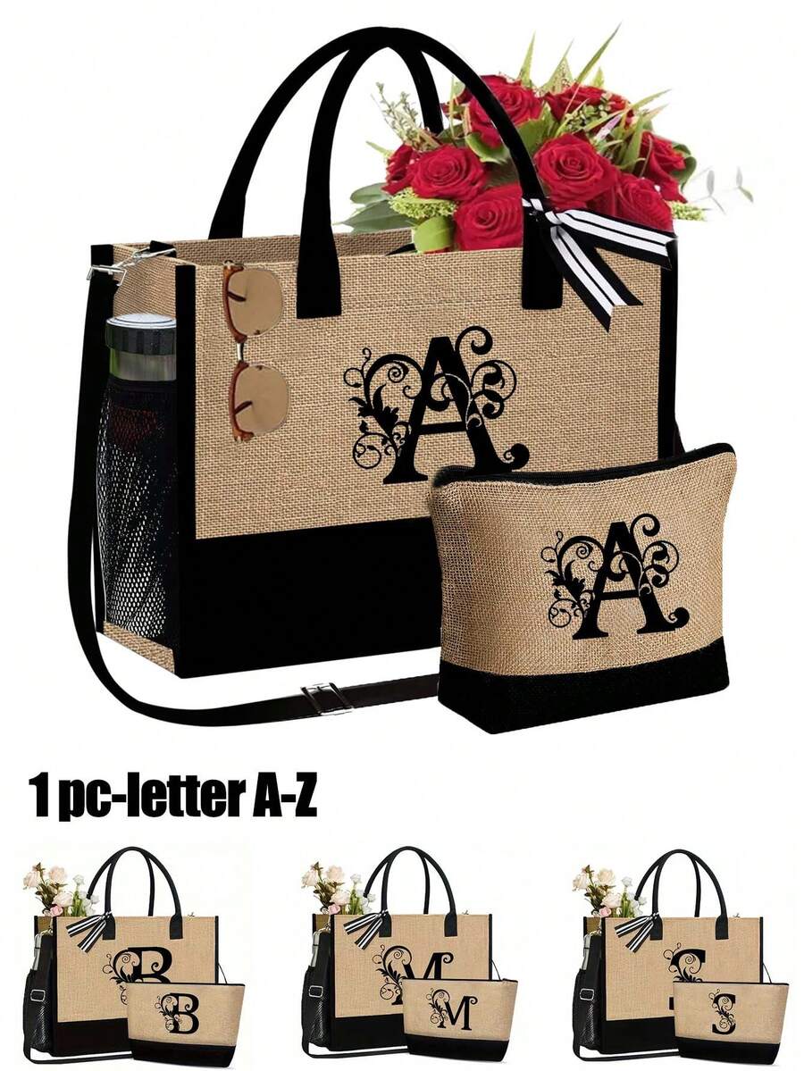 Black Khaki Patchwork Tote Bag Set, Black Vines Wrapped Around The Initial Letters A-Z, With The Same Series Of Color Block Makeup Storage Bag, Toiletry Bag, Wallet, Personalized Gift Bag, Fashionable Personalized Tote Bag - Khaki - View 1