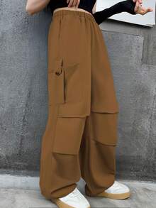 时尚休闲粉色宽松街头工作裤，适合青少年女孩，多口袋设计，适合春秋童装、日常穿着、户外、派对和校园穿着 - 棕色 - 查看 4