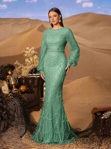 Faeriesty Haute Glamour Elegant Luxurious Sequined Mermaid Gown With Long Sleeves - Sparkling Crystal-Beaded Accents For Red Carpet Events, Celebrity Weddings, Gala Dinners, And Editorial-Ready Fashion Showouts - 薄荷綠 - 查看 5