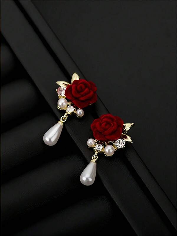 1 paire de boucles d'oreilles élégantes rétro florales avec perles, convient pour les fêtes et les mariages