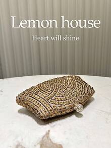 1 chiếc túi cầm tay đính đá lấp lánh màu đen thanh lịch có dây đeo kim loại, túi xách thời trang sành điệu thích hợp cho bữa tối trang trọng, đám cưới, tiệc tùng, quà tặng cho phụ nữ - Đồng - Xem 5