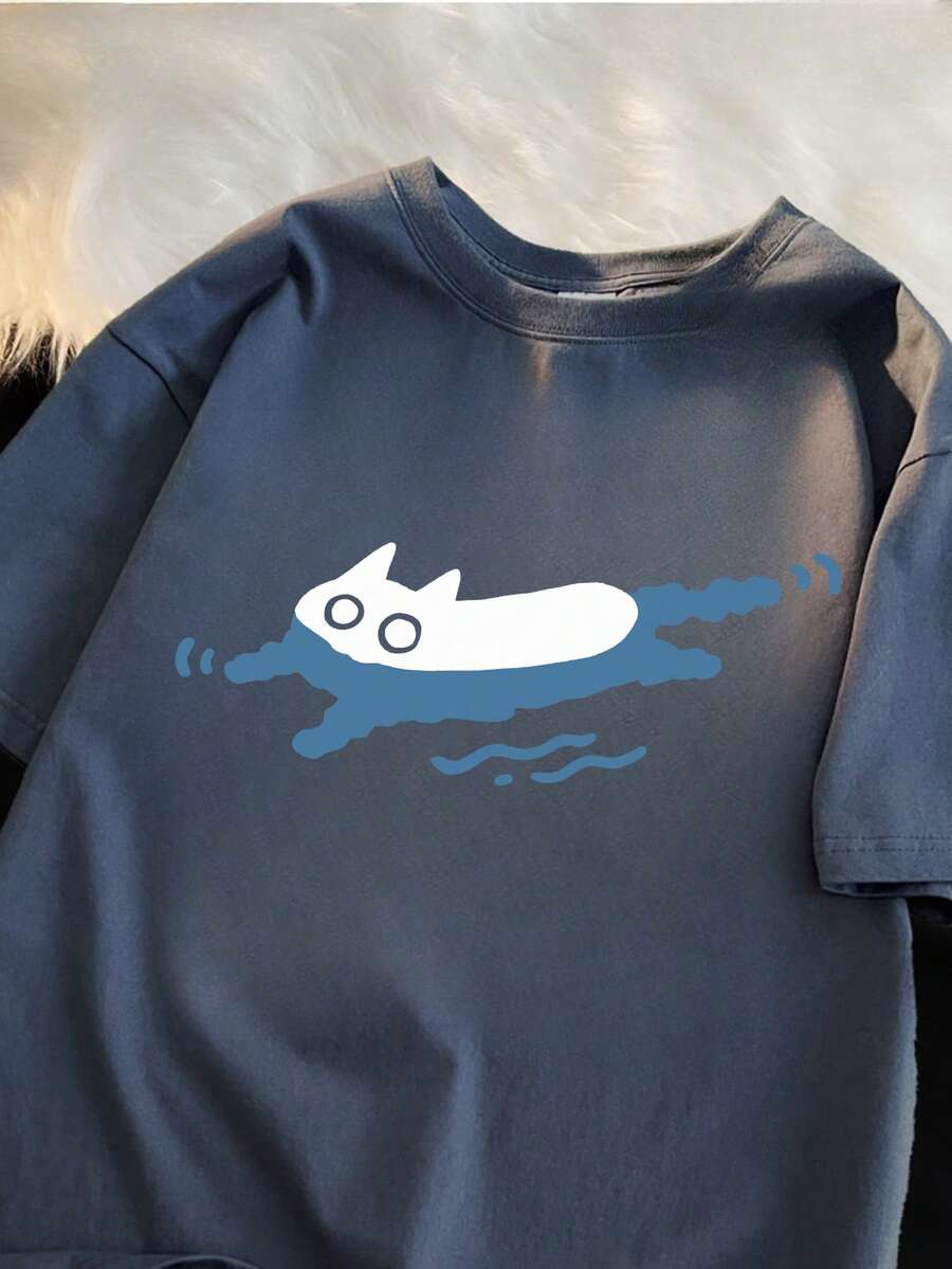 女装夏季新款可爱猫咪图案印花圆领休闲青少年纯棉短袖T恤