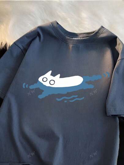 女装夏季新款可爱猫咪图案印花圆领休闲青少年纯棉短袖T恤