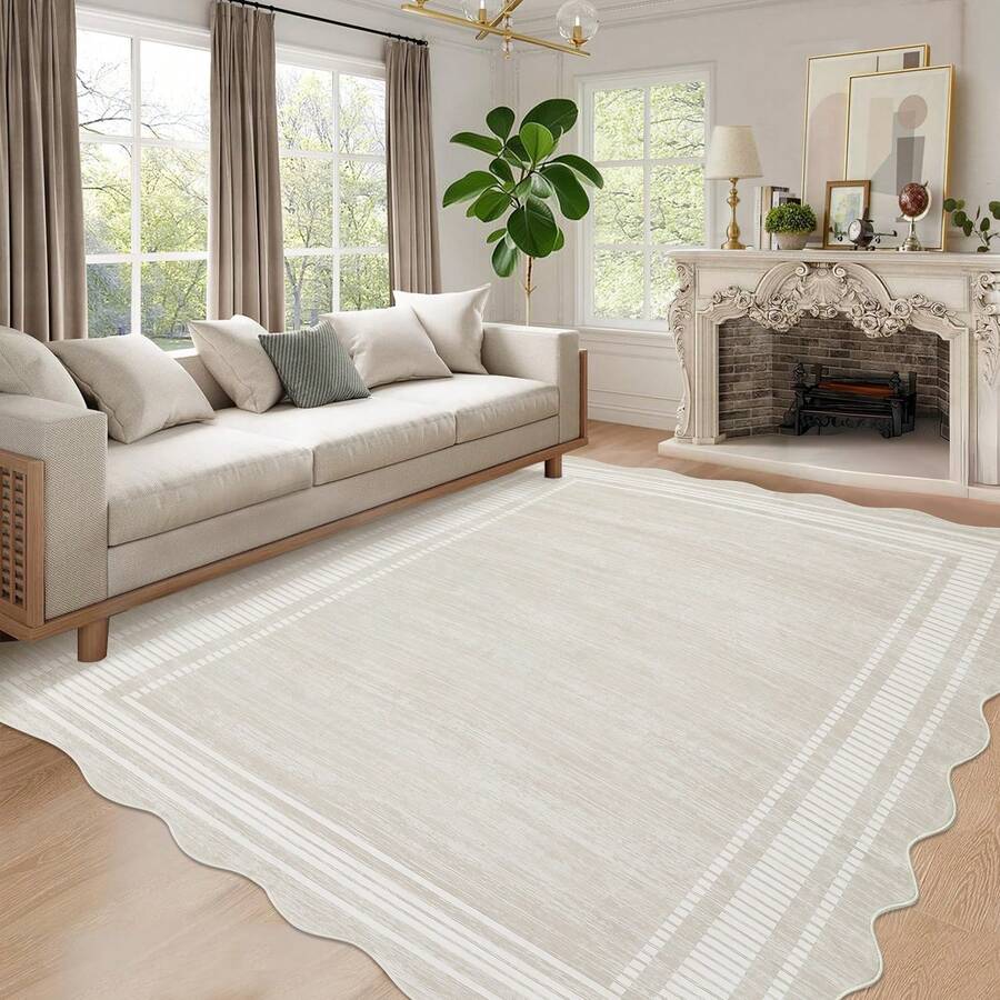 Alfombra de área beige con borde ondulado lavable para sala de estar, dormitorio interior, alfombra grande de textura suave con respaldo antideslizante para pasillo - Beis - Ver 1