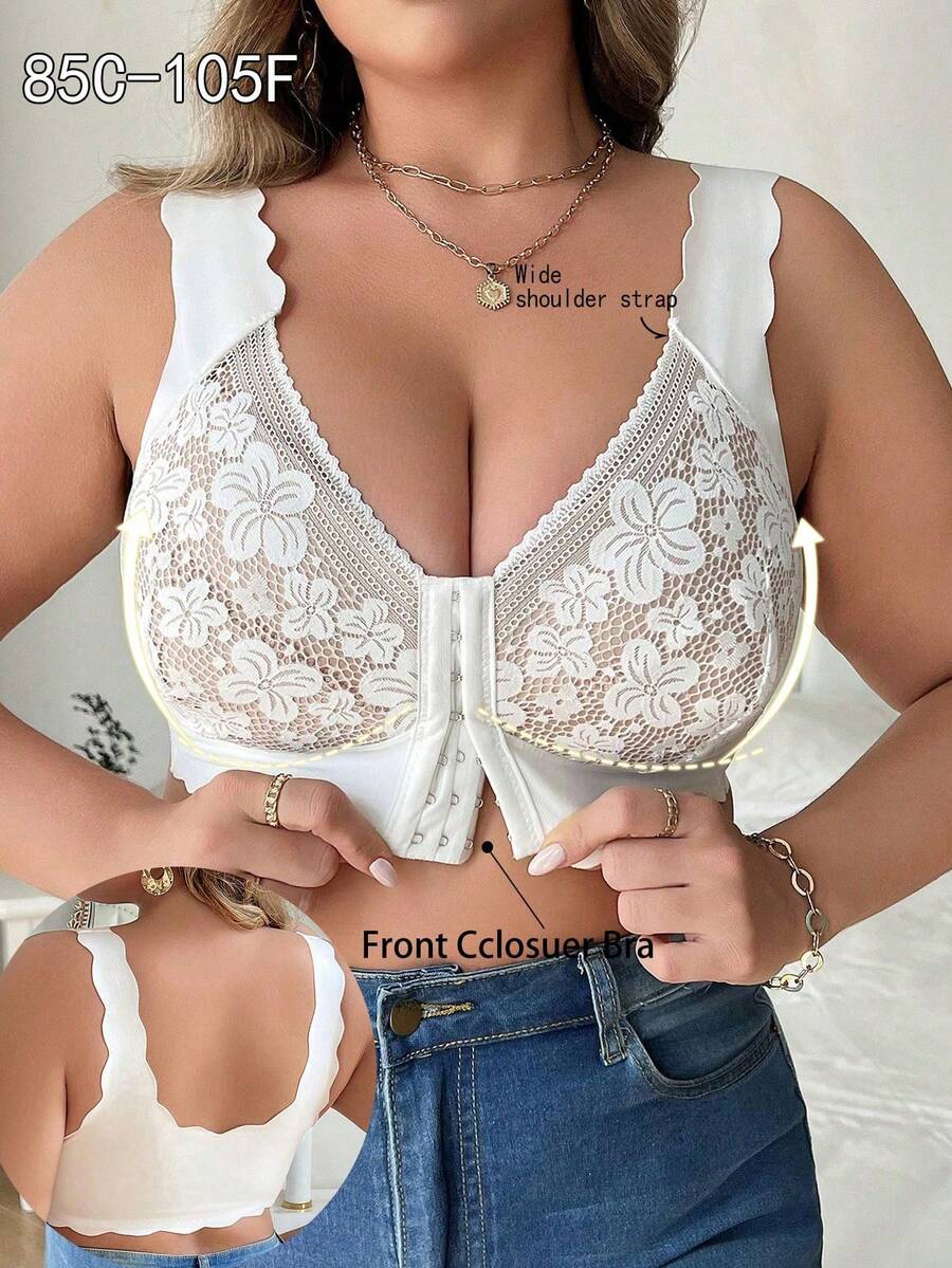 Plus Size Women Lace Contrast Mesh Bra, Wireless Lift-Up Soft & Comfortable Lingerie - White - View 1