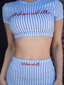 Carolina Barros Set de 2 piezas con blusa de manga corta a rayas y falda larga ceñida, ropa casual de verano y otoño para mujeres