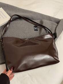 1pc Women's Retro Coffee Color Solid PU Leather Tassel And Ring Decor Fashion Casual Simple Shoulder/Tote Bag, Large Capacity Suitable For Shopping And Daily Use