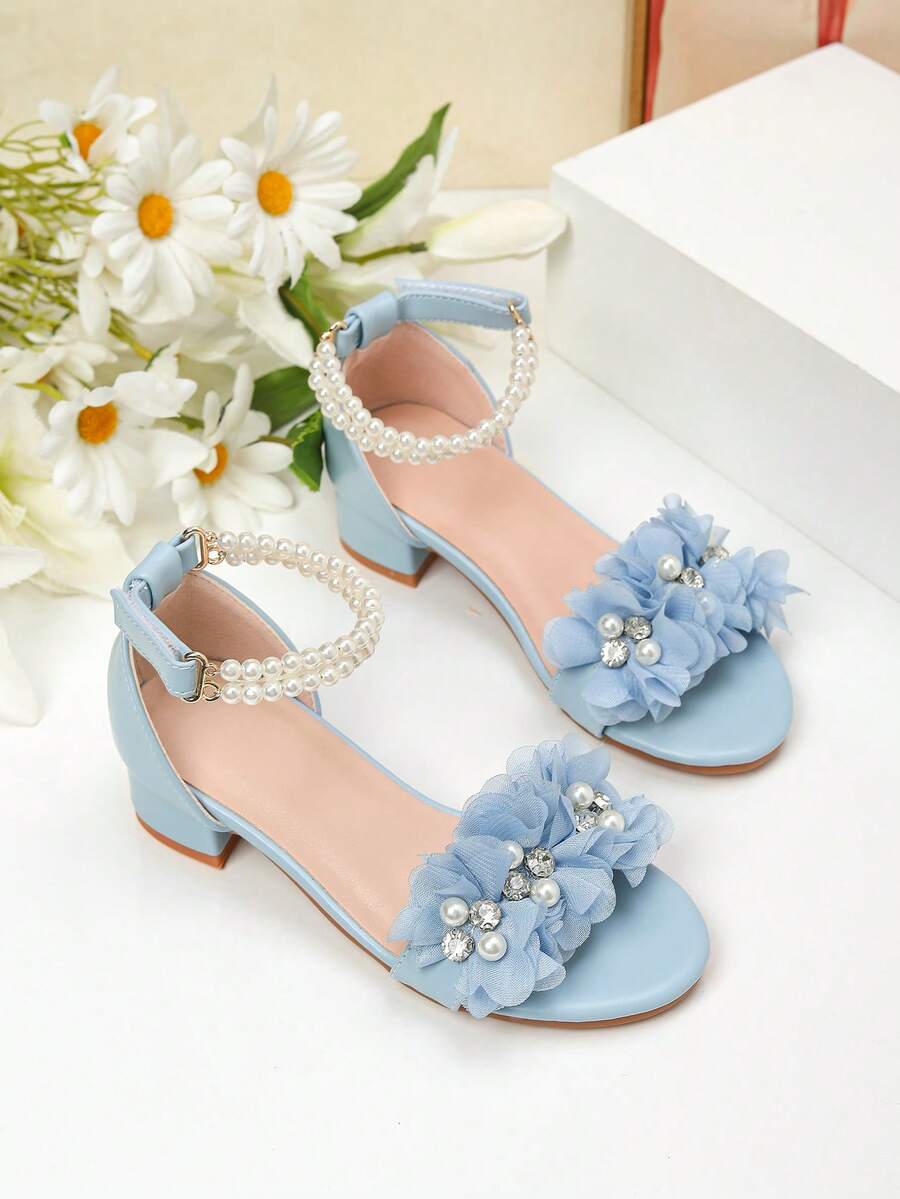 1 par de sandalias de tacón alto decoradas con perlas, zapatos de tacón alto para baile de niñas, sandalias para actividades de estudiantes y casual - Azul - Ver 1