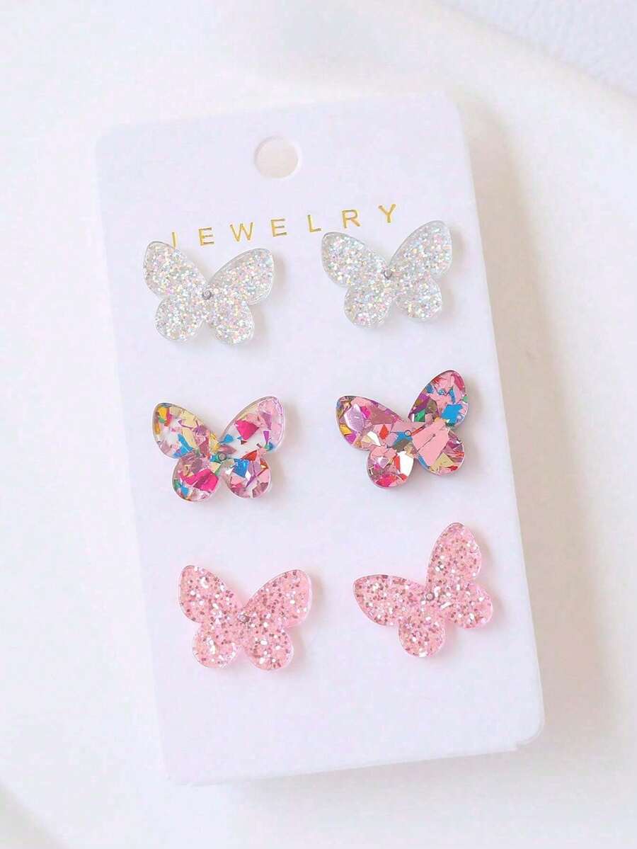 6pcs Acrylic Glitter Butterfly Earrings Set, Minimalist & Elegant Design For Spring/Summer - Multicolor - View 1
