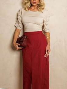 Linen Midi Skirt With Stylish Slit And Flexible Waist Casual Elegant Party Linen Hollow Out/Cut Out Split Skirt Evening Office Formal Evening Travel - 酒紅色 - 查看 4