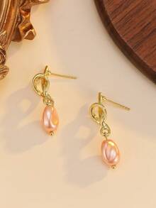 1 Pair Metal Asymmetrical Shape Knotted Pearl Earrings - Champagne - View 10