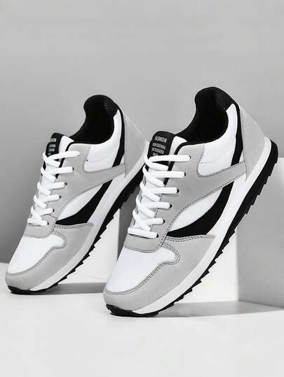 男士复古平底圆头系带字母鞋，透气大码情侣鞋，柔软防滑鞋底，四季皆宜；舒适训练平底学生鞋，耐磨防滑鞋底，透气柔软网面和绒面革