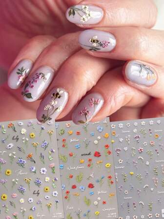 3pcs Summer Small Wild Flower Embossed Manicure Stickers, Blue Small Flower Embossed Manicure Decals, Exquisite 5D Glue Back Nail Self-Adhesive Decoration Accessories, Suitable For Acrylic Nails, Meniscus And Girls Nail Art Supplies, Holiday Gifts, Y2K, DIY
