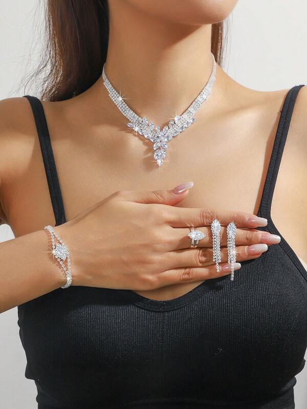 5pcs Cubic Zirconia Leaf & Tassel Necklace Earrings Bracelet Ring Set - Bridal Wedding Gift, Everyday Work/Party/Vacation Wear, Luxurious & Versatile Jewelry Accessories