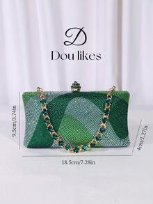 Elegant Green Rhinestone Decor Mini Clutch Bag With Detachable Metal Chain Strap, Ideal Gift For Women, Suitable For Formal Events, Weddings, Parties, Perfect Match For Party Dresses, Formal Gowns And Sequin Dresses, Essential Wedding Accessory