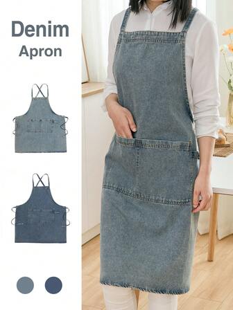 1pc Denim Apron, Extra Long Tie Strap, Unisex Home Kitchen, Work, Japanese Style Bib Apron