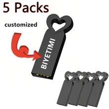 5 Confezioni di chiavette USB a forma di cuore in metallo personalizzate con logo da 64GB, portatili, ad alta velocità, impermeabili, in colore nero con stampa laser