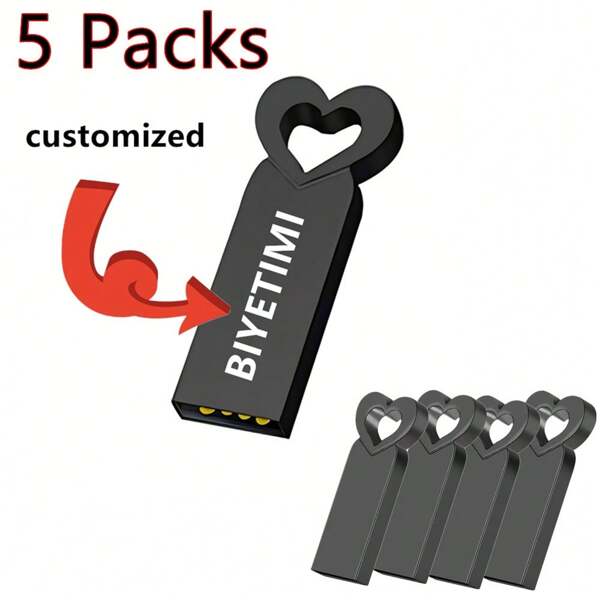 5 Confezioni di chiavette USB a forma di cuore in metallo personalizzate con logo da 64GB, portatili, ad alta velocità, impermeabili, in colore nero con stampa laser