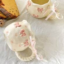 1 pièce Tasse à café en céramique avec design de nœud créatif en relief et peint à la main en 3D avec ruban, emballage délicat, idéal pour les cadeaux