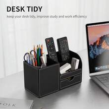 Black Multi-Functional Pen Holder With Drawer, PU Leather Stationery Storage Box, Back To School