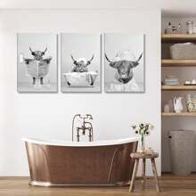 Set Of 3 Black And White Highland Cow Wall Art Canvas Painting, Funny Animal Bathroom Poster Prints With Frame, Suitable For Modern Living Room, Bathroom, Bedroom, Hotel, Apartment, B&B, Farmhouse, Hallway, Studio, Kids Room, Classroom, Study, Office Decoration Ready To Hang ,Wall Art With Frame