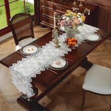 European Style Floral Lace Embroidered Polyester Table Runner - Woven Double Layer Shiny Satin Fabric, Festive Coffee Table Decor For Kitchen Dining, Indoor Outdoor Dinner Party Decoration, Ideal Gift