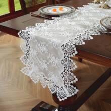 European Style Floral Lace Embroidered Polyester Table Runner - Woven Double Layer Shiny Satin Fabric, Festive Coffee Table Decor For Kitchen Dining, Indoor Outdoor Dinner Party Decoration, Ideal Gift
