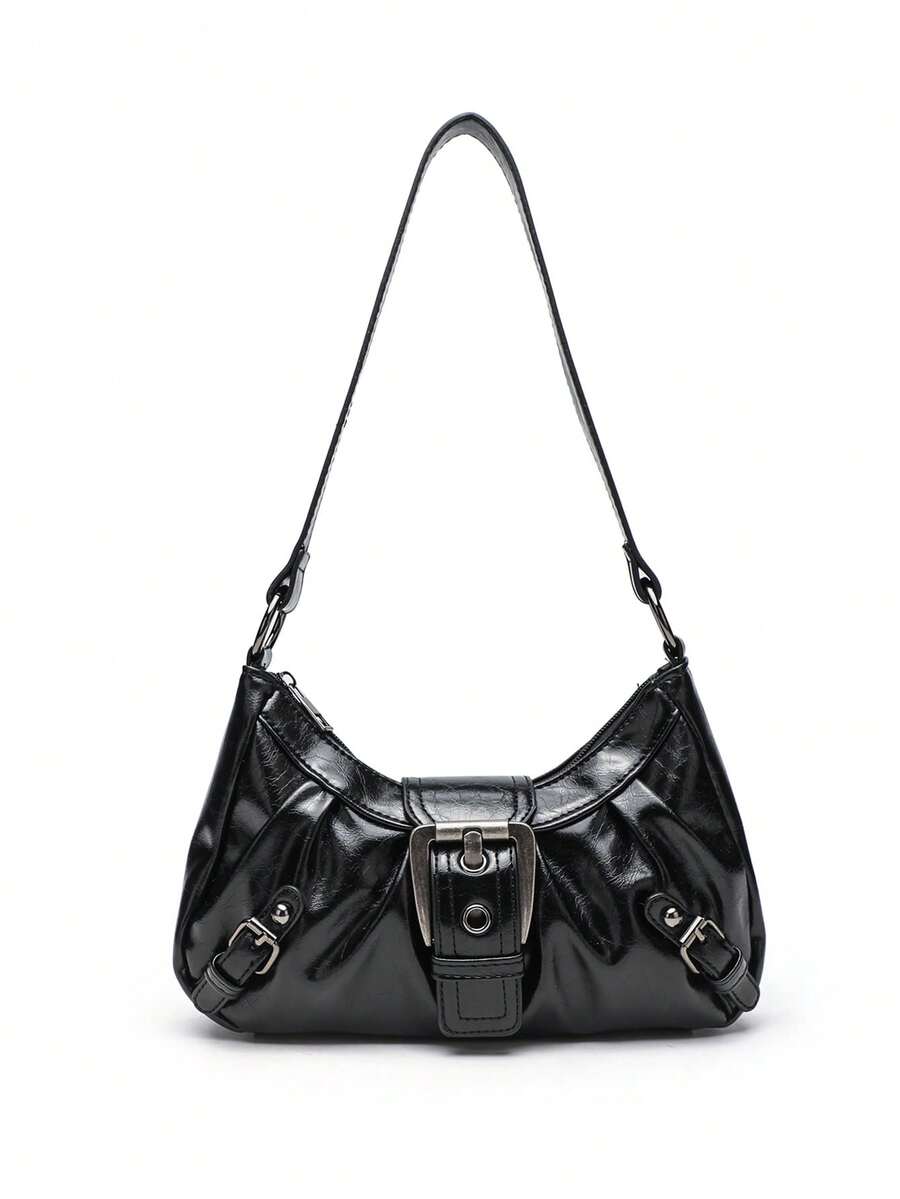 新款春夏女士单肩包，时尚百褶云朵风格复古美拉德仿旧双色皮革手提包，Y2K腋下包 - 黑色 - 查看 1