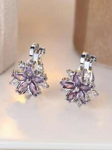 Tsnamer 1 Pair Cubic Zirconia Sakura Clip-On Earrings, Fashionable & Cute Earrings For Women Without Pierced Ears, Daily Wear Jewelry Gift