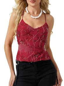 Women Y2K Sequin Cami Top Sexy Low Cut V Neck Open Back Criss Cross Straps Tank Tops Cute Sparkle Backless Summer Going Out Crop Tops Party Tops New Years Top - 紅色 - 查看 3