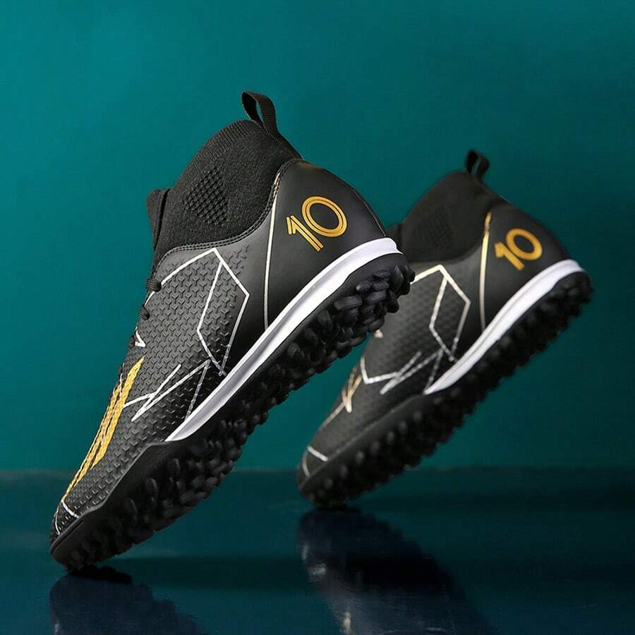 1 Pair Recommended New Soccer Shoes For Teenagers, Rubber Studs Anti-Slip High-Top Wear-Resistant, Suitable For Daily Grass Soccer Training And Matches All Season - Black - View 1