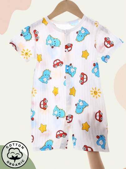 1 szt. Letni kombinezon dla chłopca z nadrukiem dinozaura i samochodu, z krótkimi spodenkami, odpowiedni do użytku wewnątrz i na zewnątrz